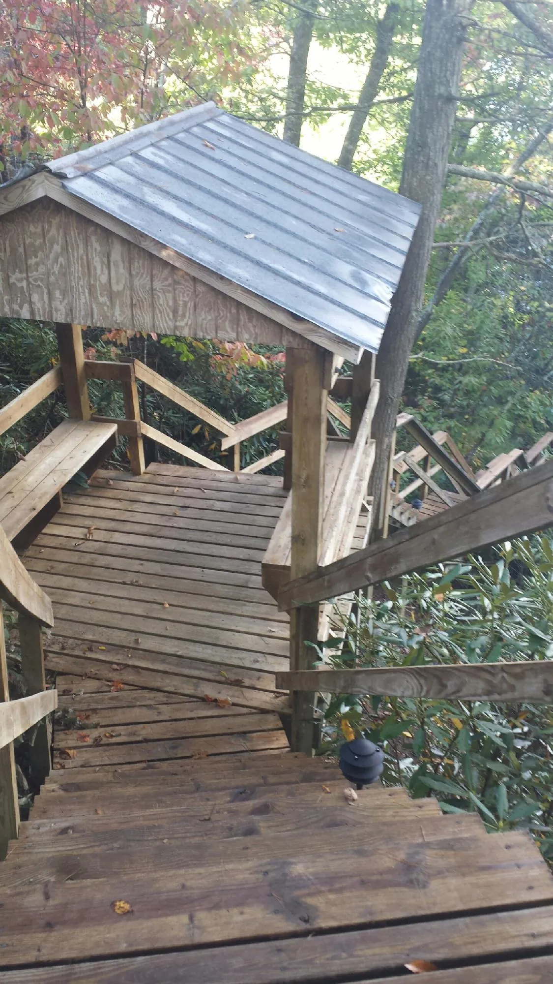Metal roofed shelter over wooden steps on a wooded walkway — Skylight Repair & Installation work by our crew in Haslett